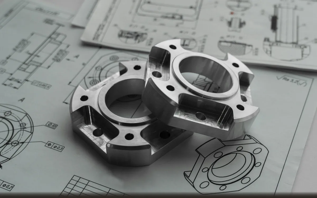 Teknik resimlerin üzerinde duran iki işlenmiş metal parça
